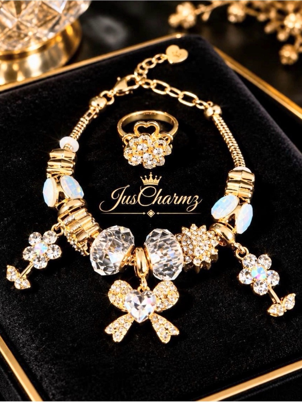 Crystal Bow Charm Bracelet & Ring Set